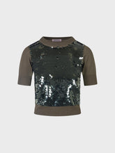 Maglia scollo tondo con ricamo paillettes - MILITARE | Sandro Ferrone
