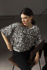 T-shirt ricamata di paillettes bicolore - GRIGIO | Sandro Ferrone