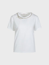 T-shirt bianca in cotone collo perle e strass - BIANCO | Sandro Ferrone