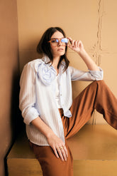 Camicia in voile gessato con rosa | Sandro Ferrone