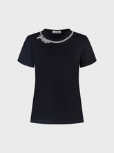 T-shirt nera in cotone collo perle e strass - NERO | Sandro Ferrone